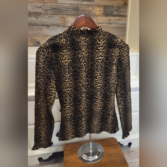 The Kooples Leo Print Long Sleeve Shirt With Ruffled Collar & Wrist- Black &Gold - Picture 8 of 10